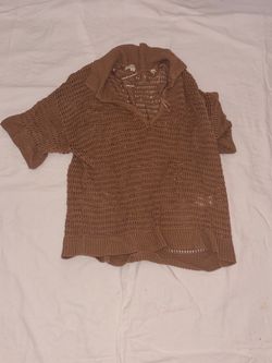 Brown Open-Knit Short Sleeve Sweater Top