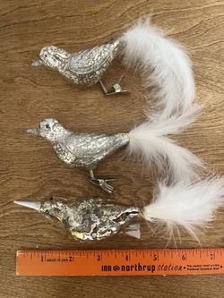 Vintage Set of 3 Mercury Glass Silver Mottled Clip On Bird Ornaments