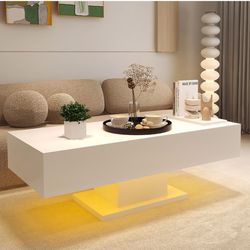 Led Coffee Table High Gloss Coffee Table with LED Lights Modern Center Table for Living Room, RGB Light with Remote Control, Modern White Living Room 