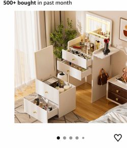 White Vanity Desk with LED Mirror and Drawers