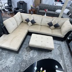 Brand New Beige L-Shaped Sectional Sofa Set with Chaise & Storage Ottoman – 