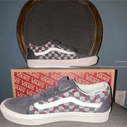 VANS ComfyCush Old Skool Heart Hook & Loop Checkerboard Sneakers Gray Red