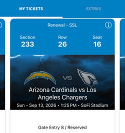 2 tixs for cardinals @ chargers @ Sofi 9/13