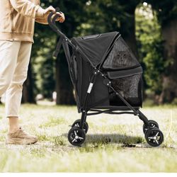 Compact Pet Stroller for Medium Dogs/Cats up to 22lbs, with Mesh Window and Rear Storage, 4-Wheels Lightweight Foldable Dog Jogging Stroller, Black