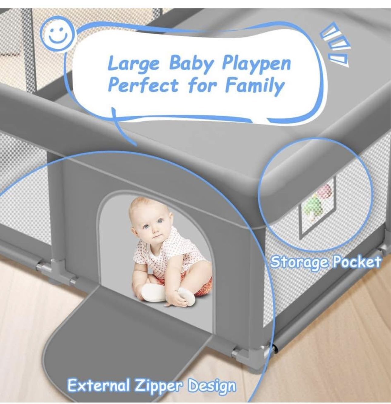 Baby Playpen 74x50 inch, Playpen for Babies and Toddlers, Baby Play Pen Design with External Zipper