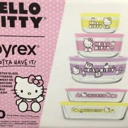 NIB Pyrex Hello Kitty 10 Piece Glass Food Storage Set Bowls and Lids Sanrio