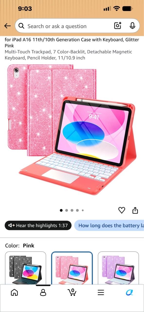 for iPad A16 11th/10th Generation Case with Keyboard, Glitter Pink for ...