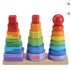 Fisher-Price Wooden Rainbow Stacking Shape Sorter, Fine Motor Toy for Toddlers, 26 Wood Pieces