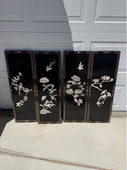 Set of 4 Chinese Black Lacquer Mother of Pearl Inlay Wall Panel