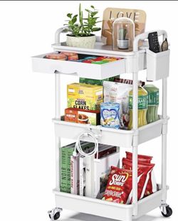 Rolling Utility Cart with Drawer 3 Tier, Utility Storage Organizer with Plastic Shelf - white