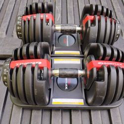 PAIR  OF  ADJUSTABLE  BOWFLEX  DUMBBELLS  :  EACH  ONES  GOES  UP TO  55 LBS.  =  105  LBS.  TOTAL 