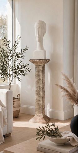 60in Tall Modigliani Style Tete de Femme Bust on Tall Fluted Pedestal - Statement Sculpture