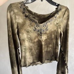 Green-brown Tie Dye Long Bell Sleeve Top w Floral Design