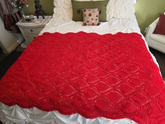 Big Fire Engine Red Scalloped Afghan Crocheted Vintage Throw Blanket