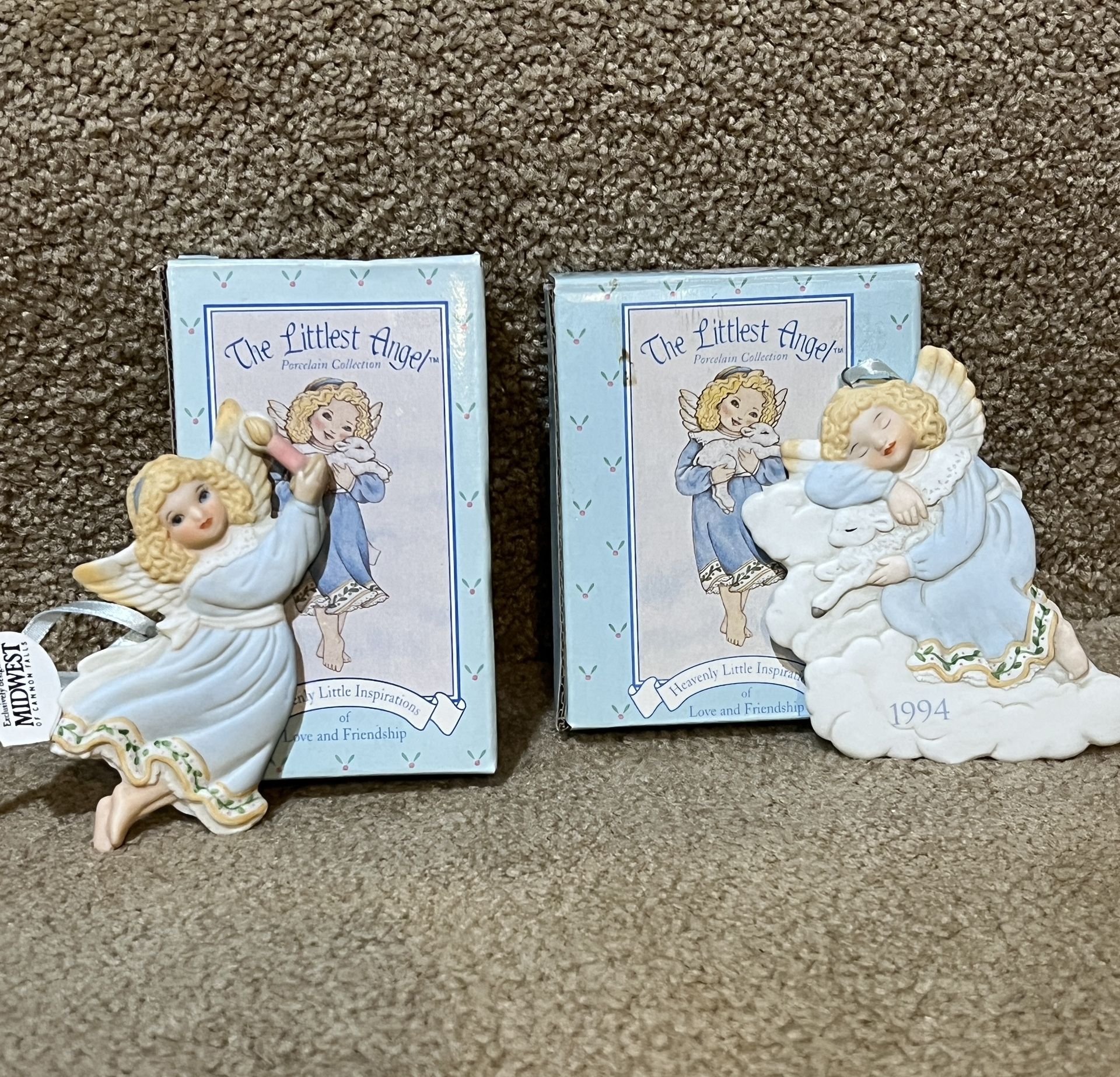 Vintage 1994 Porcelain Angel on Cloud with Lamb Christmas Ornament set of 2