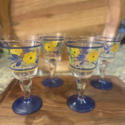 Vintage Bella Gibson Hand painted Water Wine Yellow Blue Set Of 4 Goblets