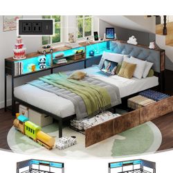 Twin XL Bed w/ LED Lights + Storage Drawers + Mattress — Like New