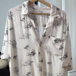 LuLaRoe XL Button-Up Shirt Biker Print White Short Sleeve Rayon VTG