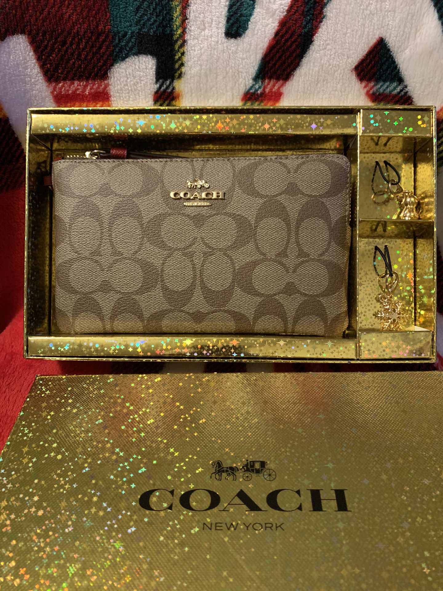 Coach Large Corner Zip Wallet With Two Charms In Holiday Gift Box