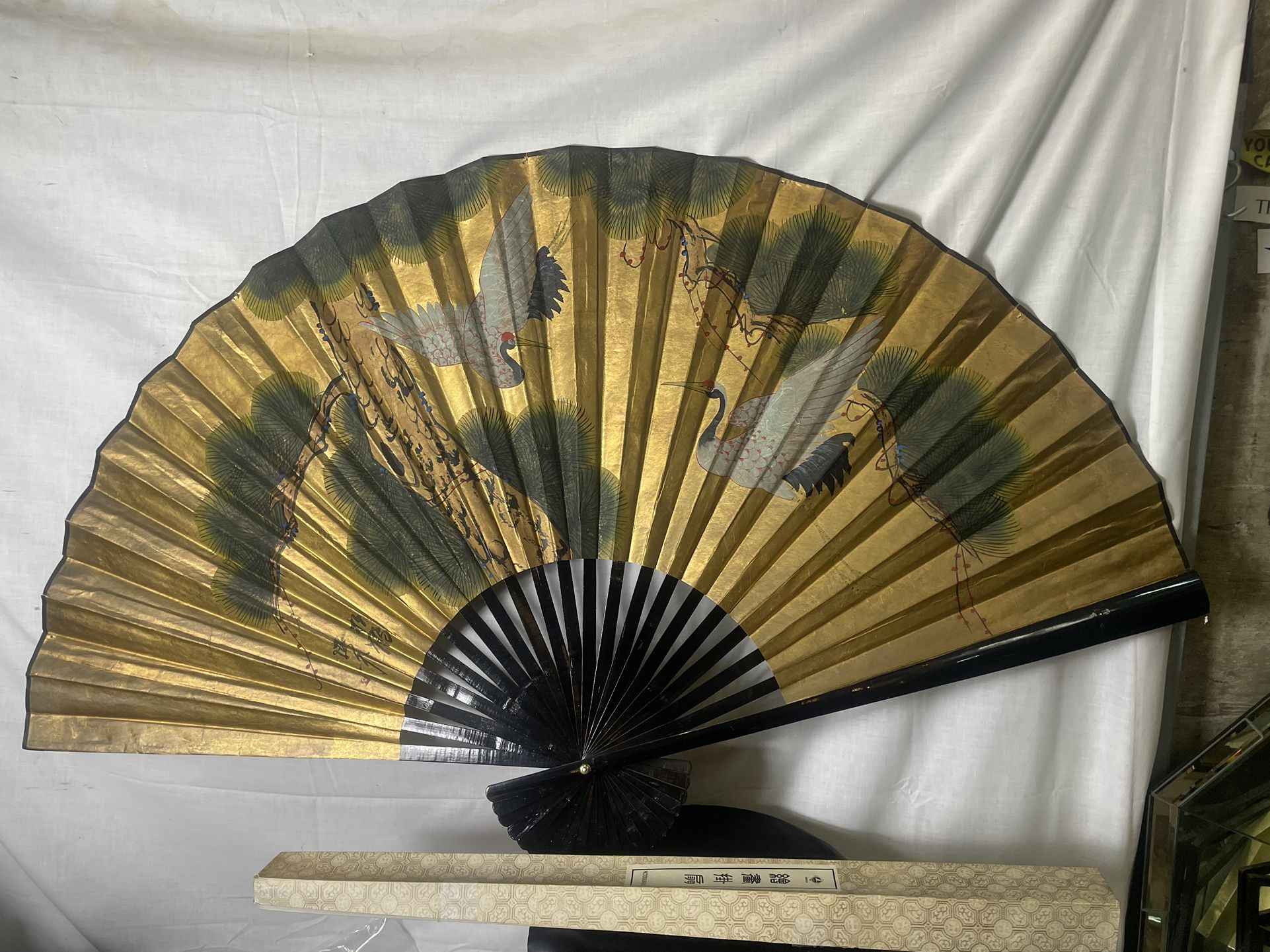 Large Handpainted Gold Chinese Wall Fan Heron Cranes Birds 68“ X 39“, image size:1922x1442