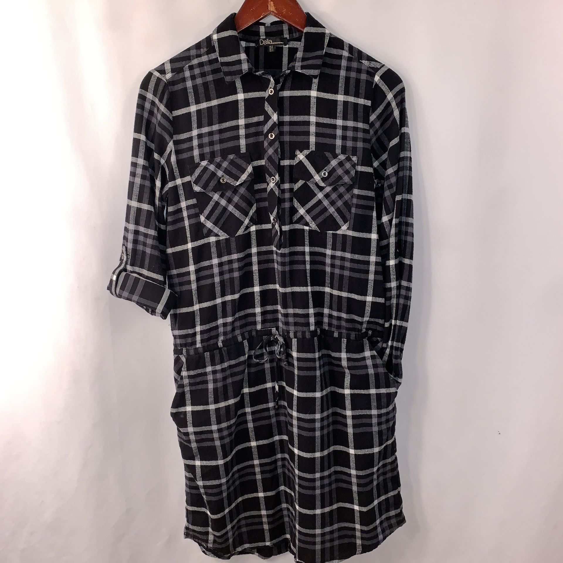Plaid Flannel Shirt Dress Roll Tab S