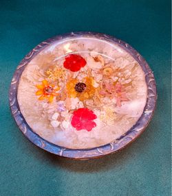 Vintage footed lucite catchall dish with preserved flowers