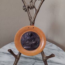 $25 Vintage Buddha Plaque Seated Buddha
High Relief Metal on Wood 4 1/2" on a Great Metal Stand