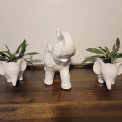 Set of 3 Cute Animal Elephant Shaped Ceramic decorations. 2 small elephants have artificial plants in them.