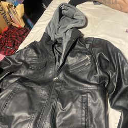 Black leather motorcycle jacket w/ hoodie