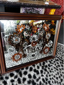 Vintage 1970s reverse painted mirror, dark walnut frame, rusty orange, brown, and white cott