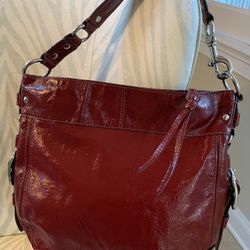 Coach Red patent Shiny Leather Zoe Hobo Shoulder Large Handbag F12776.