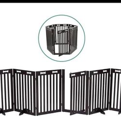 Freestanding Dog Gate with Door, 6 Panel 360° configurable Wooden Fence, 120" Wide, 31.5" Tall,