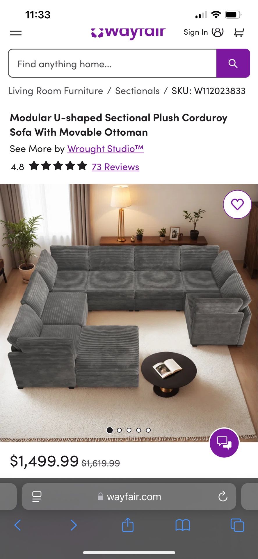 Modular U SHAPED sectional plush corduroy 8-piece SOFA