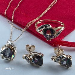 10K Yellow Gold Mystic Topaz & and Genuine Diamonds Jewelry Set – Ring, Earrings, Necklace & Pendant, Solid Gold!/ Set de Oro con Topacio Místico y Di