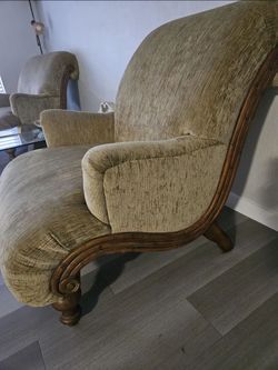 Vintage Chenille Accent Chairs – Carved Wood Frame