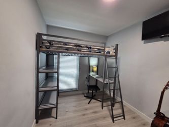 Max & Finn Nova Metal Loft Bed w/ Shelves, Twin Bunk, Gunmetal Gray