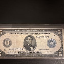 1914 $5 Federal Reserve Note – Vintage Large Size Currency