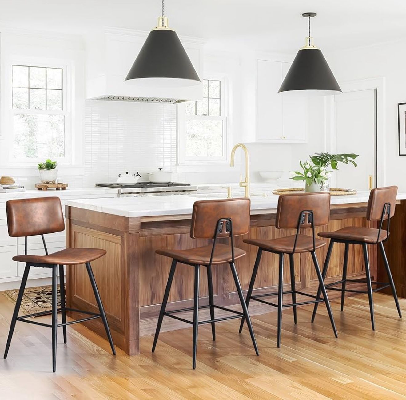 24.5" Red Brown Bar Stools Set of 4, Faux Leather Upholstered Counter Height Bar Stools with Backs, Metal Footrest and Legs, Armless Bar Chairs for Ki