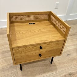 Two Wood Nightstands w/ USB Charging + Drawers (Mid-Century Modern, Excellent Condition)