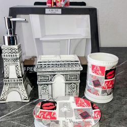 Paris Theme Eiffel Tower Arc de Triompe 4 Piece Bath Accessory Set