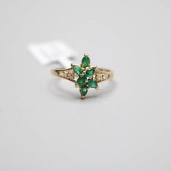 14K Fancy Estate Cluster Diamond Ring with Emeralds (Size 6 1/4)