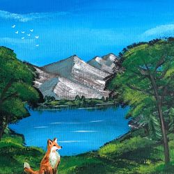 Handmade Landscape painting with a fox (12x9)
