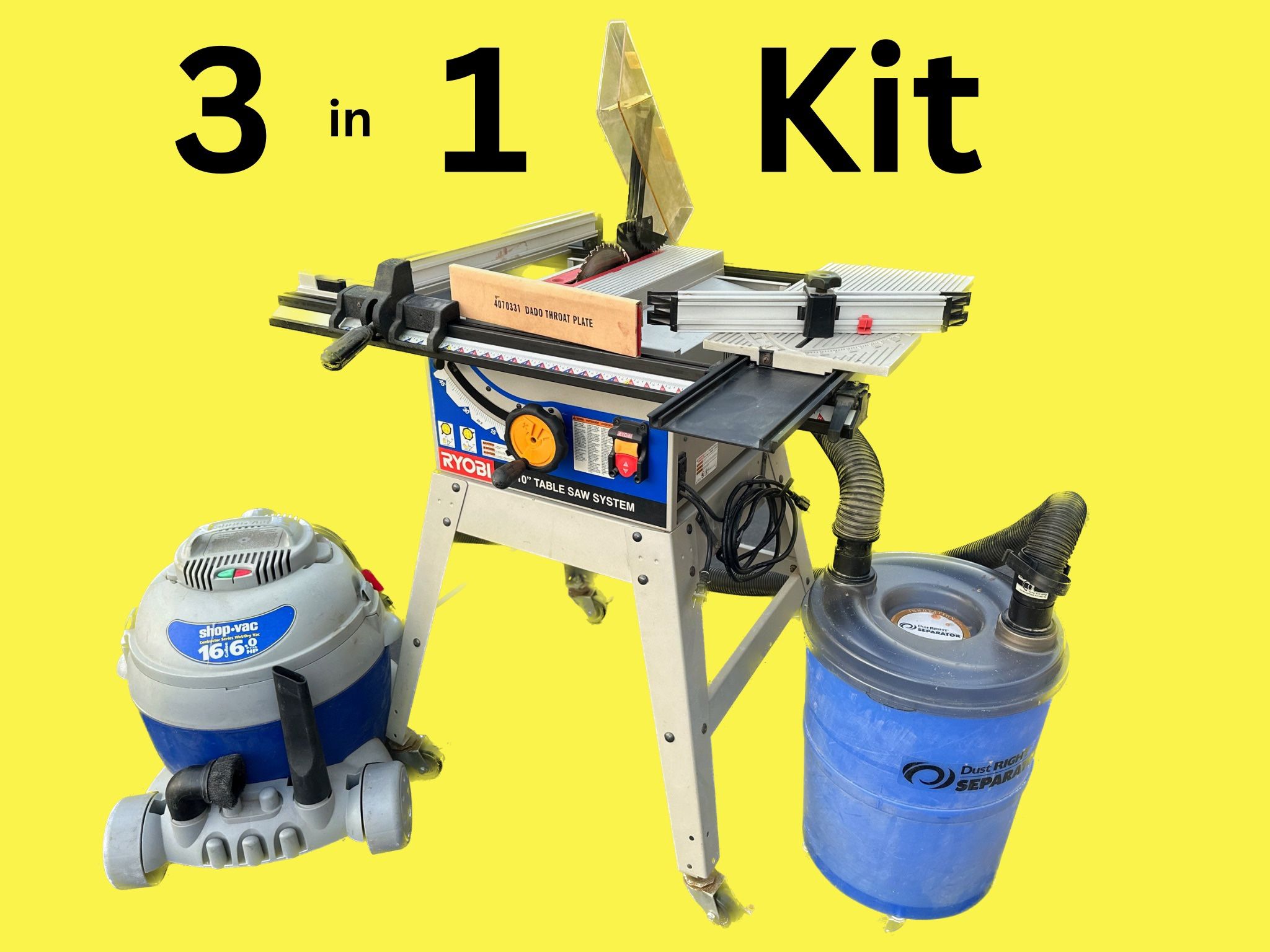 Ryobi Kit: 10” Table Saw Plus Bonus 6 Hp Shop Vac & Bonus Dust Collector