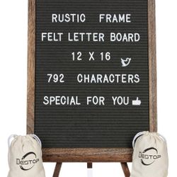 (1111-91) Felt Letter Board with Rustic Vintage Frame and Stand 12x16 inch, Dark Grey Changeable Letter and Message Board Includes 792 Letters, Number