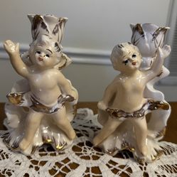 Vintage Royal Sealy Porcelain Cherub Angel Candleholder Pair