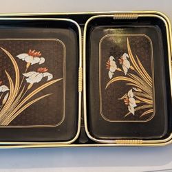 Vintage 3 Pc Nested Lacquerware Tray Set Hand Decorated