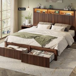 King Size Bed Frame and Headboard& 2 Storage Drawers, King Bed Frame with LED Light and Charging Port, Farmhouse Wavy Design, Wood & Metal Platform, N