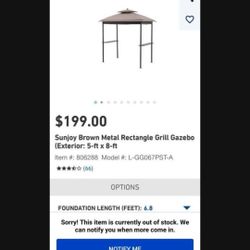 sunjoy grill gazebo #806288

5 FT X 8 FTsunjoy  grill gazebo #806288

USDNEW IN BOX ASSEMBLY REQUIRED 
SUNJOY GRILL GAZEBO 5X8 FT NEW