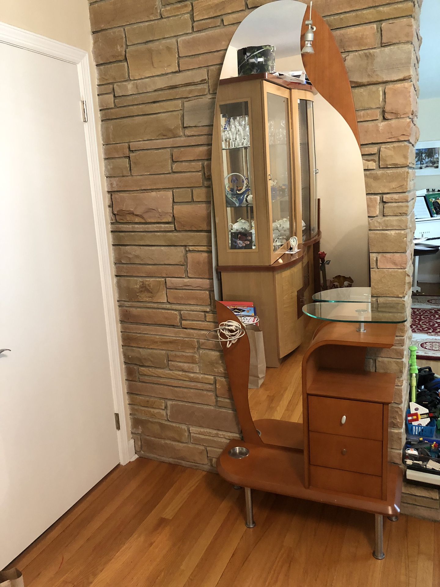 Hallway entry way unit with drawers, mirror, umbrella holder and light storage furniture unit