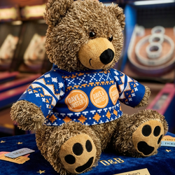Dave and Buster's Toy Factory Ugly Sweater Brown Bear 16" Plush Toy Orange Blue